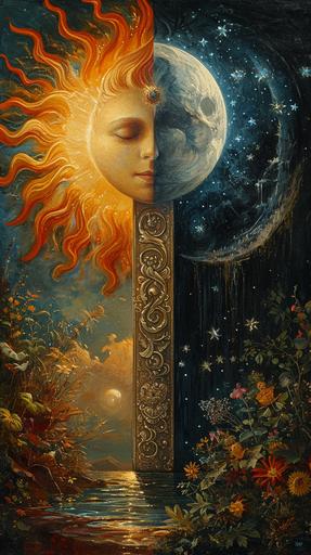 Create a colorful and vibrant illustration that showcases the duality of day and night. On one side, illustrate a sun with a calm, human-like face, half immersed in a body of water, with bright yellow and orange rays against a clear sky. On the opposite side, depict a moon with a serene, human-like face, surrounded by twinkling stars and emitting blue rays against a dark night sky. Include a vertical band that separates the two, featuring a poetic phrase about the unity of opposites. Fill the bottom of the illustration with a lush variety of plants, flowers, and foliage, showcasing a rich tapestry of nature. The artwork should convey a sense of harmony between celestial bodies and the bento-natural world. --chaos 50 --ar 9:16 --style raw --stylize 700 --no t-shirt, mockup, palette, deformity, words, text, signature, border, watermark --v 6.0