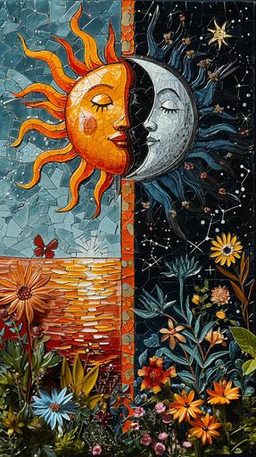 Create a colorful and vibrant illustration that showcases the duality of day and night. On one side, illustrate a sun with a calm, human-like face, half immersed in a body of water, with bright yellow and orange rays against a clear sky. On the opposite side, depict a moon with a serene, human-like face, surrounded by twinkling stars and emitting blue rays against a dark night sky. Include a vertical band that separates the two, featuring a poetic phrase about the unity of opposites. Fill the bottom of the illustration with a lush variety of plants, flowers, and foliage, showcasing a rich tapestry of nature. The artwork should convey a sense of harmony between celestial bodies and the bento-natural world. --chaos 50 --ar 9:16 --style raw --stylize 700 --no t-shirt, mockup, palette, deformity, words, text, signature, border, watermark --v 6.0