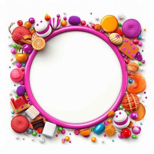 Create a colorful pink, purple, green, yellow, red, orange circle 3D frame border with a white background that includes baking treats, baking utensils, cupcakes, pastries, tarts, chef hat on the frame.