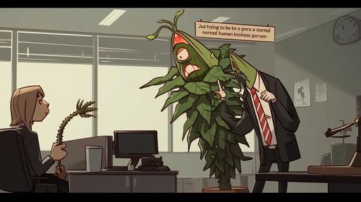 Create a darkly comedic and stylistically unique still from an animated series inspired by the work of Jhonen Vasquez, focusing on a character who is a Nepenthes turned into a humanoid, striving to blend into human society as a business professional. This scene captures a pivotal moment in an office setting, where the Nepenthes character, dressed in a sharply tailored suit that barely conceals their plant-like features--such as subtle vine-like tendrils for hair and a greenish hue to their skin--is engaged in a tense interaction with their human boss, Karen. Karen, depicted with exaggerated features typical of Vasquez's style, such as large, expressive eyes and a distinctly sharp hairstyle, is in the midst of an over-the-top, dramatic gesture aimed at exposing the protagonist's true nature. She might be holding a watering can, a bag of fertilizer, or a pair of pruning shears, suggesting her suspicion and determination to unveil the Nepenthes character's plant identity. The Nepenthes character, despite their situation, exudes a sense of desperation and determination to maintain their disguise, with an expression that balances between nervousness and a pleading for understanding, emphasizing the comedic yet poignant struggle for acceptance. The office background is rendered in a style that blends mundane workplace elements with surreal, Vasquez-inspired twists--think cubicles with carnivorous plant-themed decorations, coworkers with subtly monstrous features, and a pervasive sense of the bizarre beneath the surface of corporate normalcy. Above or around this scene, the phrase 