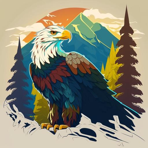 Create a delightful 2D cartoon of a bald eagle-dragon hybrid, inspired by the whimsical and imaginative style of Studio Ghibli. The hybrid creature should be depicted put emphasis in a playful way, flying in the sky, with the mountains in the distace, with the sun setting, put a focus on its unique combination of features of the hybrid. Use bright colors and bold lines to create a sense of energy and movement within the scene, while also paying attention to the details of each individual element of the hybrid. The overall effect should be one of joy and wonder, evoking the sense of magic and imagination that is so central to the world of Studio Ghibli