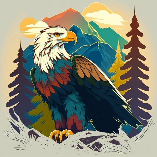 Create a delightful 2D cartoon of a bald eagle-dragon hybrid, inspired by the whimsical and imaginative style of Studio Ghibli. The hybrid creature should be depicted put emphasis in a playful way, flying in the sky, with the mountains in the distace, with the sun setting, put a focus on its unique combination of features of the hybrid. Use bright colors and bold lines to create a sense of energy and movement within the scene, while also paying attention to the details of each individual element of the hybrid. The overall effect should be one of joy and wonder, evoking the sense of magic and imagination that is so central to the world of Studio Ghibli