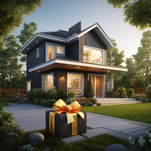 Create a detailed and realistic image of a modern house, showcasing a vibrant front yard. In the yard, prominently display a 'Sold' sign, indicating the recent purchase of the property. At the doorstep of the house, place a large, beautifully wrapped gift with a bow, symbolizing a welcome or appreciation gesture for the new homeowners, royalcore
