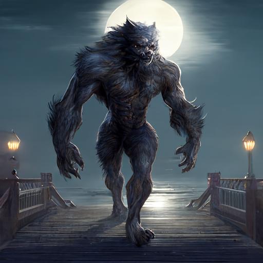 Create a detailed and realistic image of a werewolf walking on a boardwalk, with a radiant moon in the background. The werewolf should be shown in a naturalistic pose, with its head turned to the side and one paw lifted off the ground. The fur should be depicted with realistic texture and detail, including the clumps and tufts of hair. The muscles should be visible and defined, conveying the werewolf's strength and power. The boardwalk should be shown with wood grain and nail heads, with a slightly weathered appearance. The moon should be depicted as a glowing orb, casting a soft white light over the scene. The background should be slightly hazy, with the silhouette of trees and buildings visible in the distance. Overall, the image should convey a sense of mystery, danger, and primal energy, with attention to detail in both the werewolf and the setting