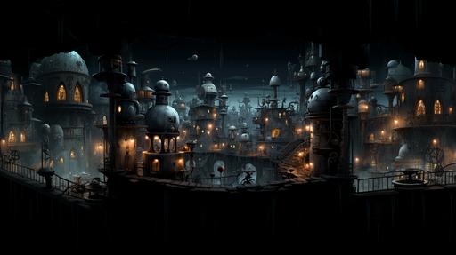 Create a digital art image of a machinarium city with a steampunk aesthetic. The buildings should be made of metal and have pipes, gears, and smokestacks. The sky should be dark and cloudy with smoke from the factories. Include vehicles and robots scattered throughout the image. The color palette should be mostly gray and brown with some orange and red accents. In the center of the image, write the text ‘ONNTU’ in large letters. In the top left corner of the image --ar 16:9