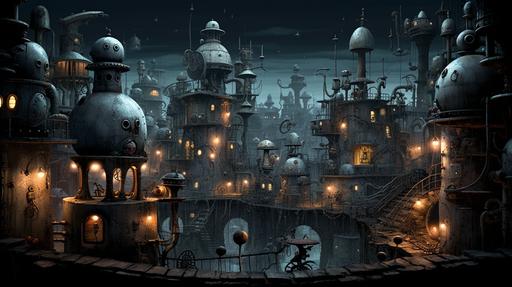 Create a digital art image of a machinarium city with a steampunk aesthetic. The buildings should be made of metal and have pipes, gears, and smokestacks. The sky should be dark and cloudy with smoke from the factories. Include vehicles and robots scattered throughout the image. The color palette should be mostly gray and brown with some orange and red accents. In the center of the image, write the text ‘ONNTU’ in large letters. In the top left corner of the image --ar 16:9 --seed 121297