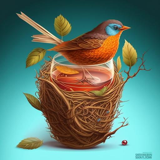 Create a digital illustration of a bird's nest drink served in a unique container. The nest should be a woven basket made of twigs and branches and be positioned at an angle, allowing the viewer to see inside. The drink should be a vibrant red or orange color and be served in a glass shaped like a bird's egg. Use strong, bold lines and bright, contrasting colors to make the image pop