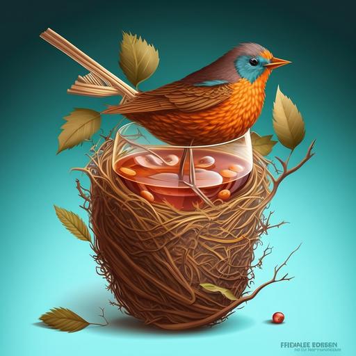 Create a digital illustration of a bird's nest drink served in a unique container. The nest should be a woven basket made of twigs and branches and be positioned at an angle, allowing the viewer to see inside. The drink should be a vibrant red or orange color and be served in a glass shaped like a bird's egg. Use strong, bold lines and bright, contrasting colors to make the image pop