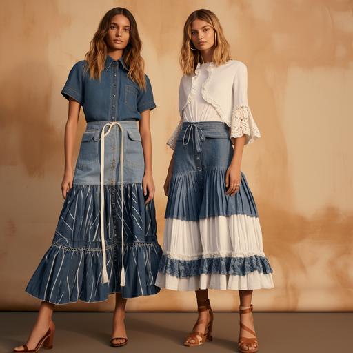 Create a fun women's wear denim collection tailored for the American market and destined for Anthropologie USA. Channel the essence of Self-Portrait Pre-Fall 2023, capturing the sophistication of their design language. Imagine a ready to wera collection with pocket placements and pattern lines that seamlessly blends denim with the artistry of stitch lines. Picture short dresses and skirts that embody the spirit of Latest denim collections from London and Paris fashion weeks, with short dress silhouettes that exude strength, power and elegance. Envision a collection that resonates with Anthropologie's aesthetic while showcasing the timeless appeal of clean minimalism, ensuring each piece embodies both sophistication and ease of wearing