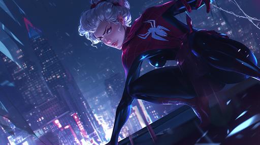 Create a gritty anime-style image of Spider-Ma'am, emphasizing her as an elderly yet agile superhero. In this reimagination, Aunt May Parker, as Spider-Ma'am, combines the wisdom and experience of age with the iconic abilities of Spider-Man. She is depicted with silver hair and the distinguished features of an older woman, yet her posture and expression show remarkable agility and vitality. Her costume is a sophisticated version of the traditional Spider-Man suit, adapted to suit her elder stature, with supportive, armored elements, but still retaining the classic red and blue color scheme. Spider-Ma'am stands on a rooftop at night, her stance exuding confidence and readiness, showcasing her unexpected physical prowess despite her age. The cityscape below is neon-lit and bustling, setting a contrast between her age and the modern, ever-changing city she protects. The anime style should highlight her dynamic movements and spider-like abilities, with particular attention to how her age doesn't hinder but rather enhances her heroism. The mood is intense and respectful, portraying Spider-Ma'am as a seasoned, wise protector of the city, with the background featuring skyscrapers and a web of streets below. The tone is one of empowerment and reverence, showing that age is not a barrier but a boon to her vigilant crusade against crime. --ar 16:9 --style raw --niji 6