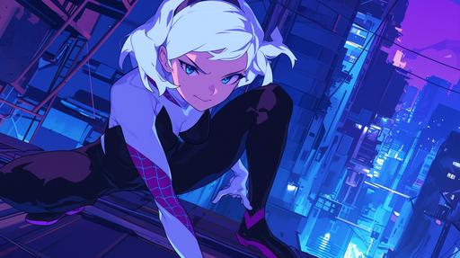 Create a gritty anime-style image of Spider-Ma'am, emphasizing her as an elderly yet agile superhero. In this reimagination, Aunt May Parker, as Spider-Ma'am, combines the wisdom and experience of age with the iconic abilities of Spider-Man. She is depicted with silver hair and the distinguished features of an older woman, yet her posture and expression show remarkable agility and vitality. Her costume is a sophisticated version of the traditional Spider-Man suit, adapted to suit her elder stature, with supportive, armored elements, but still retaining the classic red and blue color scheme. Spider-Ma'am stands on a rooftop at night, her stance exuding confidence and readiness, showcasing her unexpected physical prowess despite her age. The cityscape below is neon-lit and bustling, setting a contrast between her age and the modern, ever-changing city she protects. The anime style should highlight her dynamic movements and spider-like abilities, with particular attention to how her age doesn't hinder but rather enhances her heroism. The mood is intense and respectful, portraying Spider-Ma'am as a seasoned, wise protector of the city, with the background featuring skyscrapers and a web of streets below. The tone is one of empowerment and reverence, showing that age is not a barrier but a boon to her vigilant crusade against crime. --ar 16:9 --niji 6