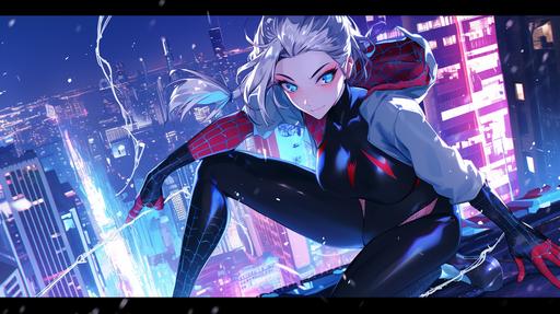 Create a gritty anime-style image of Spider-Ma'am, emphasizing her as an elderly yet agile superhero. In this reimagination, Aunt May Parker, as Spider-Ma'am, combines the wisdom and experience of age with the iconic abilities of Spider-Man. She is depicted with silver hair and the distinguished features of an older woman, yet her posture and expression show remarkable agility and vitality. Her costume is a sophisticated version of the traditional Spider-Man suit, adapted to suit her elder stature, with supportive, armored elements, but still retaining the classic red and blue color scheme. Spider-Ma'am stands on a rooftop at night, her stance exuding confidence and readiness, showcasing her unexpected physical prowess despite her age. The cityscape below is neon-lit and bustling, setting a contrast between her age and the modern, ever-changing city she protects. The anime style should highlight her dynamic movements and spider-like abilities, with particular attention to how her age doesn't hinder but rather enhances her heroism. The mood is intense and respectful, portraying Spider-Ma'am as a seasoned, wise protector of the city, with the background featuring skyscrapers and a web of streets below. The tone is one of empowerment and reverence, showing that age is not a barrier but a boon to her vigilant crusade against crime. --ar 16:9 --niji 6