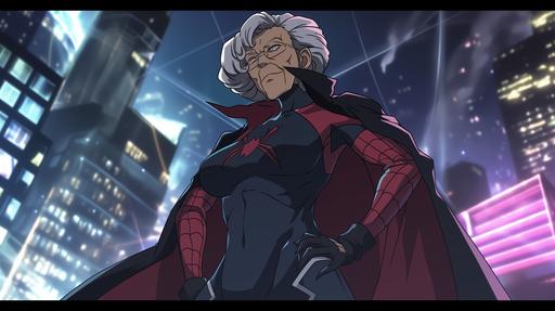 Create a gritty anime-style image of Spider-Ma'am, emphasizing her as an elderly yet agile superhero. In this reimagination, Aunt May Parker, as Spider-Ma'am, combines the wisdom and experience of age with the iconic abilities of Spider-Man. She is depicted with silver hair and the distinguished features of an older woman, yet her posture and expression show remarkable agility and vitality. Her costume is a sophisticated version of the traditional Spider-Man suit, adapted to suit her elder stature, with supportive, armored elements, but still retaining the classic red and blue color scheme. Spider-Ma'am stands on a rooftop at night, her stance exuding confidence and readiness, showcasing her unexpected physical prowess despite her age. The cityscape below is neon-lit and bustling, setting a contrast between her age and the modern, ever-changing city she protects. The anime style should highlight her dynamic movements and spider-like abilities, with particular attention to how her age doesn't hinder but rather enhances her heroism. The mood is intense and respectful, portraying Spider-Ma'am as a seasoned, wise protector of the city, with the background featuring skyscrapers and a web of streets below. The tone is one of empowerment and reverence, showing that age is not a barrier but a boon to her vigilant crusade against crime. --ar 16:9 --style raw --niji 6