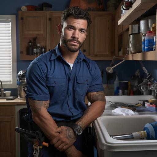 Create a high-definition ultra realistic image capturing a Latino plumber mid-work in a modern suburban kitchen. He should be in his mid-thirties, with wavy hair, a neat beard, and a navy-blue uniform. He should be kneeling by an open under-the-sink cabinet, with plumbing tools scattered around him. He's using a pipe wrench on a pipe, a flashlight in his other hand illuminating his workspace. His face is focused but shows a hint of a smile. The kitchen in the background is clean and cheerful, with sunlight streaming in from a window. Make the image highly realistic and emphasize the plumber's expertise and pride in his work.