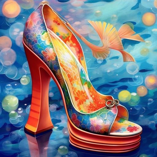 Create a high fashion advertisement for Louis Vuitton 70s disco platform shoes with glass heels and koi fish in them. psychedelic background, watercolor, photorealistic, intricately detailed --s 750 --v 5.1