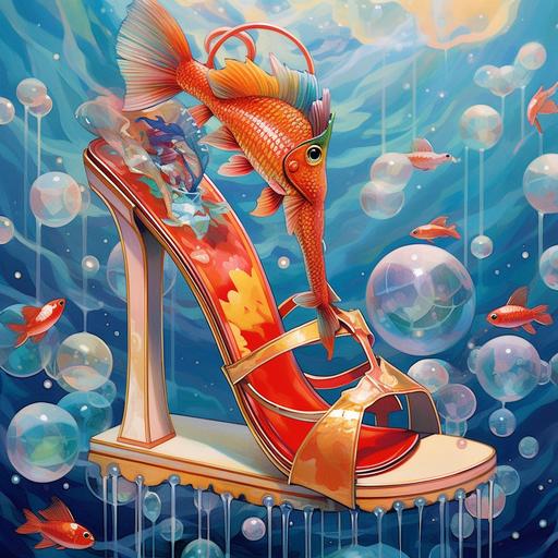 Create a high fashion advertisement for Louis Vuitton 70s disco platform shoes with glass heels and koi fish in them. psychedelic background, watercolor, photorealistic, intricately detailed --s 750 --v 5.1