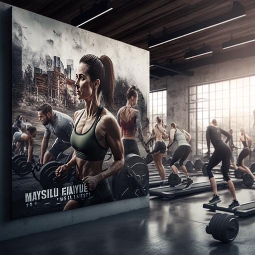 Create a high resolution image of a group of people working out together in a modern gym, with my fitness equipment brand featured on the back wall
