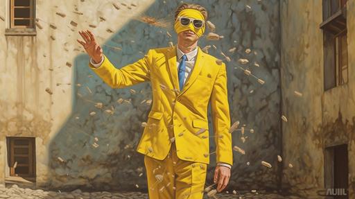 Create a hyper realistic image of a smiling man in bright yellow suit painting a self-portrait with a blindfold over his eyes, the environment he is in is a old castle --ar 16:9 --v 5.1 --s 750