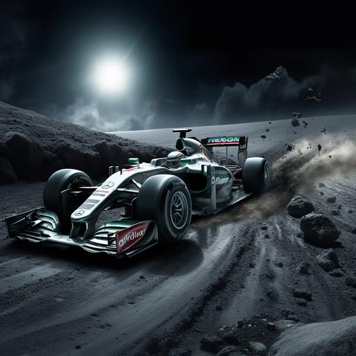 Create a hyper-realistic image of a vibrant-colored Formula One car with sponsor logos, racing at high speed on the moon's gray, cratered surface. The car should have specialized wheels adapted for lunar terrain. Include speed lines and a sense of motion, with Earth visible in the background sky. The overall atmosphere should convey the excitement and uniqueness of a Formula One race, but set in the stark, otherworldly landscape of the moon.