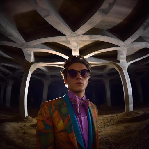 Create a hyper-realistic photo of a 22 years old male model dressed in luxurious clothing with an 80s Gucci style. The photo will be set in a spacious and spatial cave, adding to the surreal nature of the image. The younger model should be dressed in Gucci clothing from the 80s, with bold patterns and bright colors. For the technical specifications, the photo should be taken with a high-end digital camera using a 50mm lens, with an aperture of f/2.8 and ISO set to 200. Lighting should be provided by a combination of natural light and carefully placed artificial lights to create a dramatic effect. The photo should be edited in post-production to enhance its hyper-realism and surreal quality
