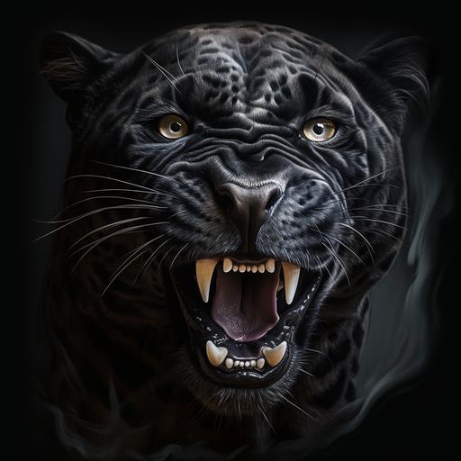 Create a hyper realistic shoulder tattoo portrait of a black leopard growling and slightly showing its teeth with a muscular body looking directly at you with hungry eyes in 4k
