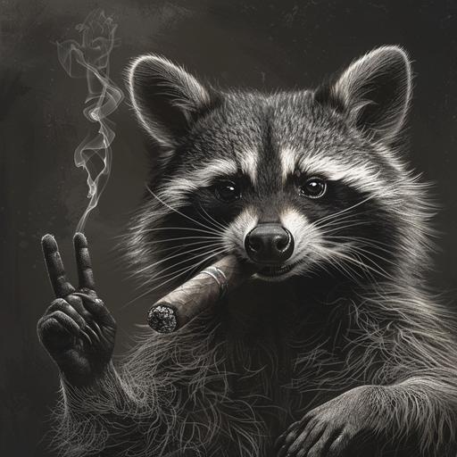 Create a hyperrealistic, black and white image of a raccoon flashing a peace sign with its paw and smoking a cigar. The raccoon should be depicted with striking realism, capturing intricate details like the texture of its fur, the expression on its face, and the smoke from the cigar. Focus on the raccoon's paw making the peace sign in a natural and convincing way, adding a touch of uniqueness to the image. The cigar should be detailed and realistic, with smoke adding depth and character to the image. There should be no background, ensuring the raccoon and the action of smoking the cigar are the sole focus. This image is intended for a canvas print in a cigar bar, where it will add a distinctive and sophisticated touch.