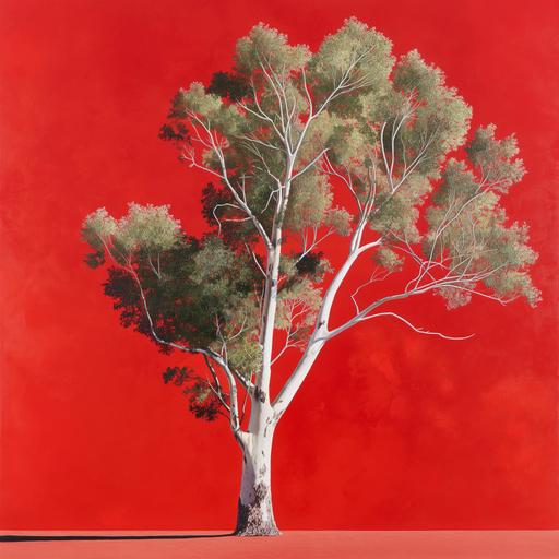 Create a lifelike depiction of an Australian river red gum tree against a vibrant red backdrop, viewed at eye level, straight on, with deliberate negative space flanking the tree for emphasis on its entirety. --v 6.0