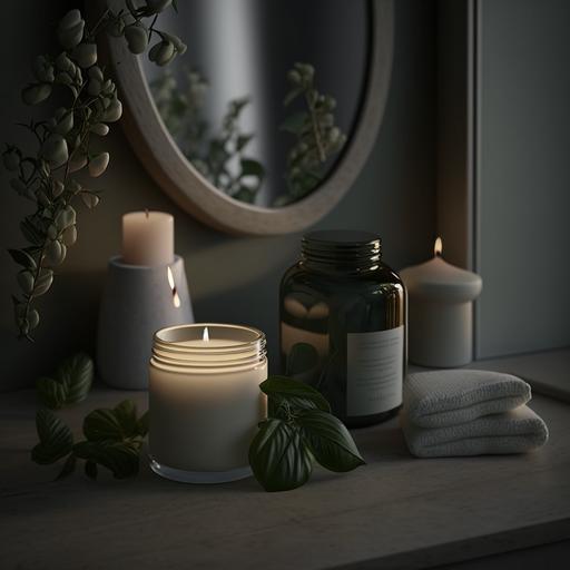 Create a lifestyle shot that showcases the benefits of Rich in Pore products in a natural, relaxed setting. For example, feature the product in a simple, natural bathroom setting, with candles or other relaxing elements in the background.