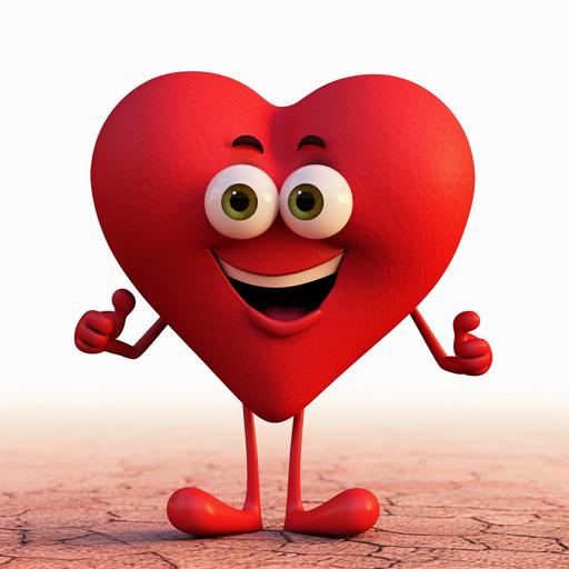Create a living heart Create cute cartoon images It's shape is a red heart it and it has ears' human has legs has arms has black eyes has a nose has large lips --v 5.2