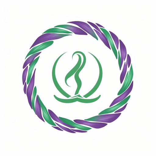 Create a logo that is purple and green in the shape of a circle that is a ribbon for mental health. Inside the ribbon are the initials 