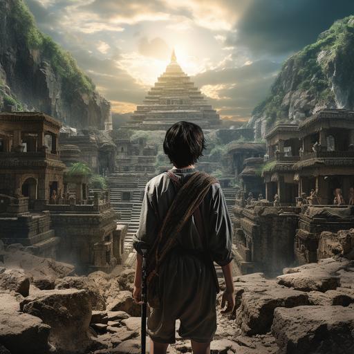 Create a movie poster in the style of the movie “Harry Potter”, make it about a 12 year old boy with blue eyes and black hair. Modest clothing. He is walking through ancient Aztec Indian temple that is war torn, with rubble. Ultra realistic, 8k, hyperrealistic, horizontal. The poster should feel like war is happening in the background but our heroine is confident.
