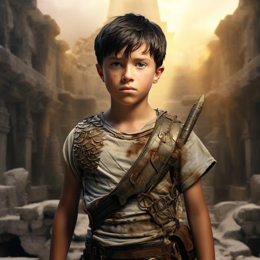 Create a movie poster in the style of the movie “Harry Potter”, make it about a 12 year old boy with blue eyes and black hair. Modest clothing. He is walking through ancient Aztec Indian temple that is war torn, with rubble. Ultra realistic, 8k, hyperrealistic, horizontal. The poster should feel like war is happening in the background but our heroine is confident.