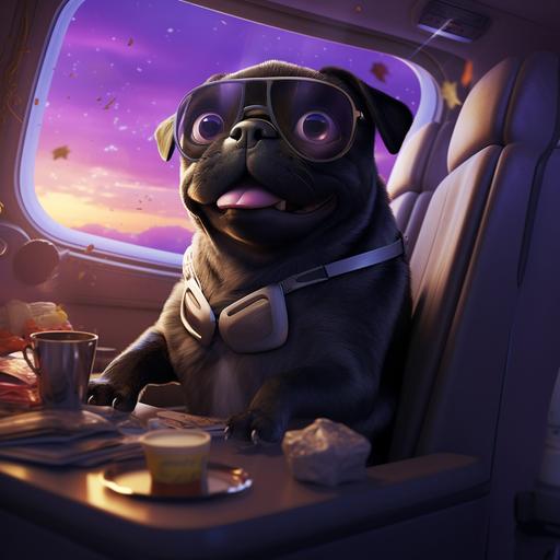 Create a movie poster of a black pug, flying in first class seat in an airplane beeing pampered with all types of food, purple and blue background, Disney Pixar movie style, –ar 9:16, Pixar Style, Disney Style