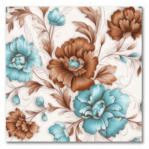 Create a paisley pattern of brown and light blue carnations on a white background--tile --v 5.1 --s 750 --style raw