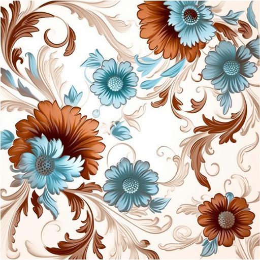 Create a paisley pattern of brown and light blue carnations on a white background--tile --v 5.1 --s 750 --style raw