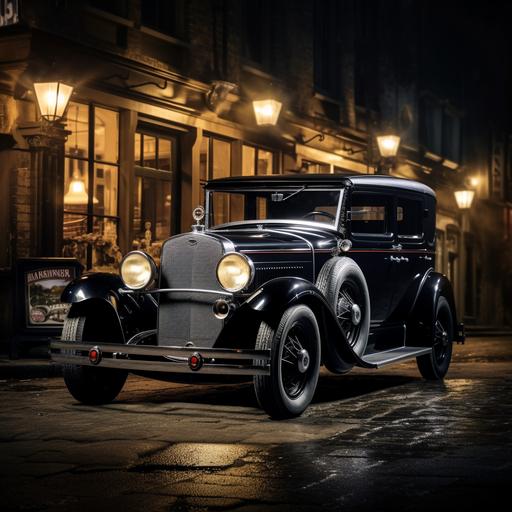Create a photograph-style image of a 1920s gangster getaway car parked outside a historic speakeasy in the spirit of old-time crime photography, showcasing the Prohibition