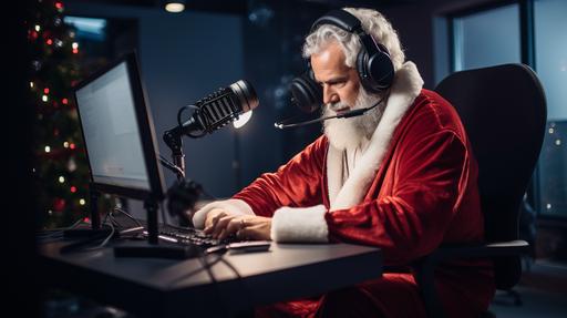 Create a photorealistic image of Santa Claus recording a podcast in a professional recording studio. The studio is modern and well-equipped, with high-end microphones, soundproofing panels, and a large mixing console. Santa Claus is sitting comfortably in a chair, wearing his traditional red and white suit, with a pair of headphones on his head and speaking into a microphone. The room is decorated with subtle Christmas motifs, like a small Christmas tree in the corner and twinkling lights. The atmosphere is cozy and inviting, capturing the unique blend of holiday cheer and the focused ambiance of a recording studio. --ar 16:9