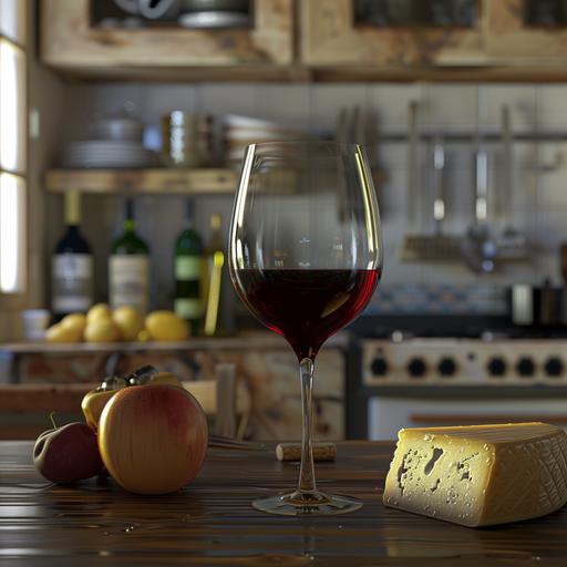 Create a photorealistic image of a glass of red wine with cheese in a kitchen in Italy. --v 6.0 --style raw