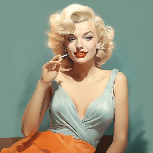 Create a picture of Marilyn Monroe holding a mouthpiece in one hand and a pen in the other hand, she is smiling and has an orange handkerchief on, she is wearing a light blue dress, salad on the side use pastel colors, high resolution