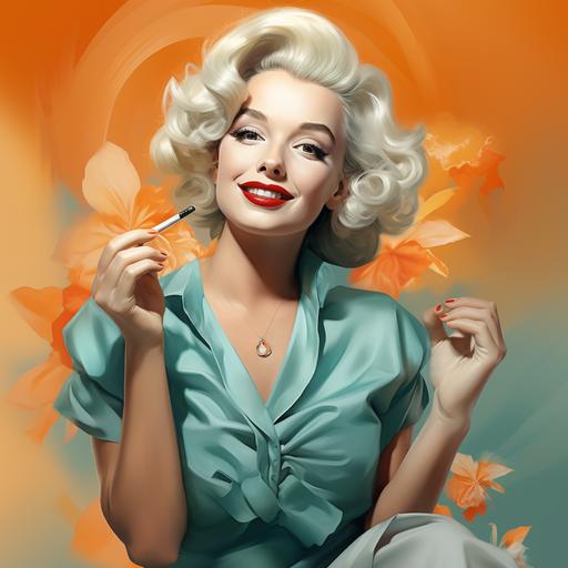 Create a picture of Marilyn Monroe holding a mouthpiece in one hand and a pen in the other hand, she is smiling and has an orange handkerchief on, she is wearing a light blue dress, salad on the side use pastel colors, high resolution