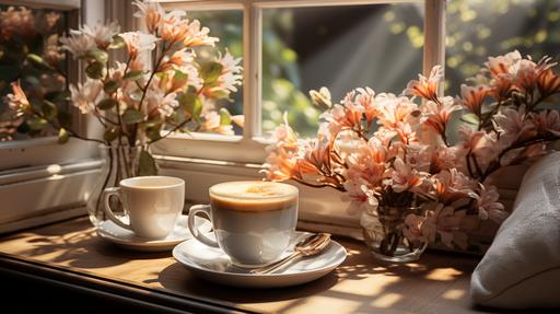 Create a picture of someone enjoying a white luxurious cup of coffee in a coffee nook. Show a coffee cart nearby, a window with natural light, and a relaxing atmosphere in the morning. 32k, ultra detailed, ultra photorealistic, octane render --ar 16:9 --s 750