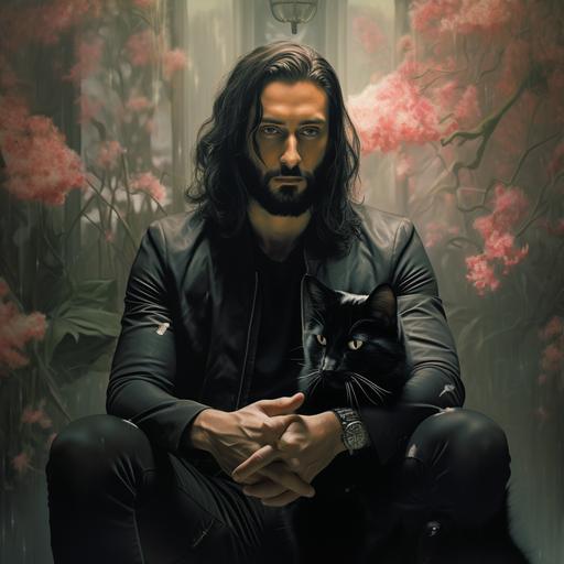 Create a portrait hyperrealistic if a cute black cat talking with a man with black long hair and beard from the link , aristocrat, streetwear, high fashion, dynamic lightning, big brush Abstract, minimal, forest, pink flowers, green fields, textured, paint in style by Mark Ryden