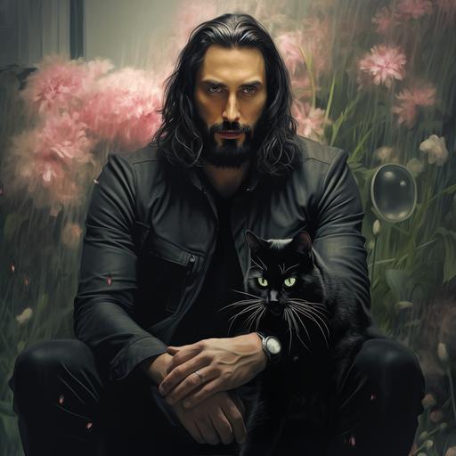 Create a portrait hyperrealistic if a cute black cat talking with a man with black long hair and beard from the link , aristocrat, streetwear, high fashion, dynamic lightning, big brush Abstract, minimal, forest, pink flowers, green fields, textured, paint in style by Mark Ryden
