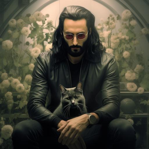 Create a portrait hyperrealistic if a cute black cat talking with a man with black long hair and beard from the link, minimal, forest, pink flowers, green fields, textured, paint in style by Mark Ryden, house, with plants, flowers, tim burton
