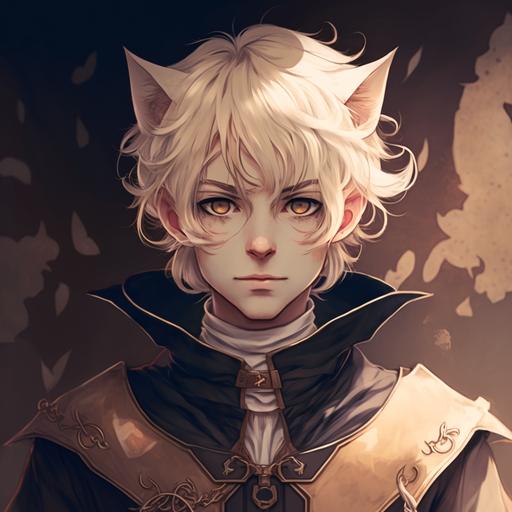Create a portrait of a cat eared anime boy slightly smiling, wearing medieval clothing, pale blonde messy hair and hidden eyes in Berserk anime style.