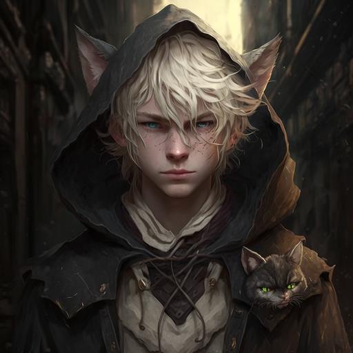 Create a portrait of a cat eared anime boy with ragged medieval clothing, hidden eyes, pale blonde hair in a dark alleyway in a dark fantasy setting surrounded by black magic.
