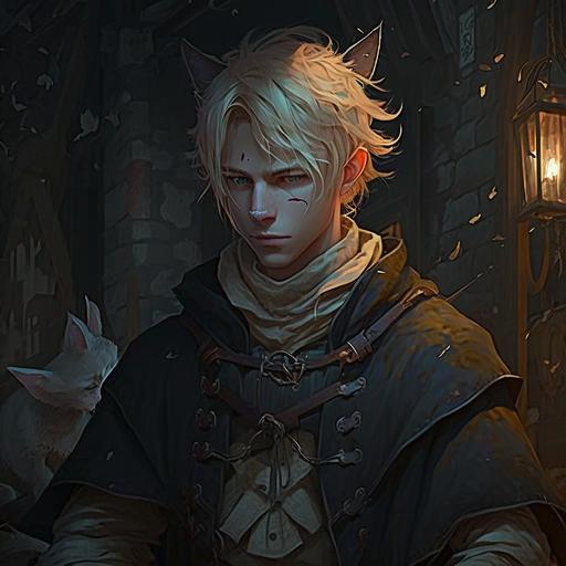 Create a portrait of a cat eared anime boy with ragged medieval clothing, hidden eyes, pale blonde hair in a dark alleyway in a dark fantasy setting surrounded by black magic.