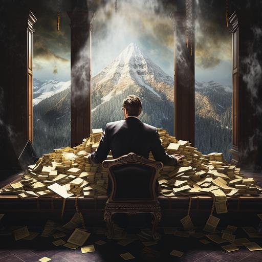 Create a powerful image depicting a man working in his manor, viewed from behind. The backdrop consists solely of a stack of money arranged to resemble a mountain, providing a stark and focused representation of financial wealth. Capture the essence of opulence and productivity with this visually compelling scene.