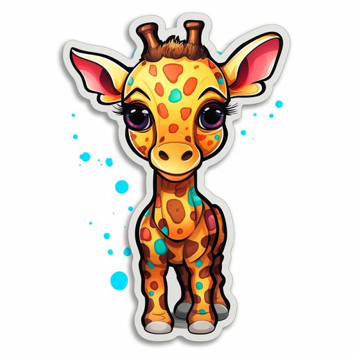 Create a professional-quality, high-detail, side-view illustration of an irresistibly cute Kawaii-style baby giraffe in a vibrant graffiti aesthetic, designed as an SVG sticker with bold outlines, set against a clean white background for maximum impact.