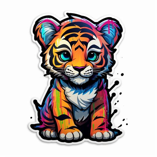 Create a professional-quality, high-detail, side-view illustration of an irresistibly cute Kawaii-style baby tiger in a vibrant graffiti aesthetic, designed as an SVG sticker with bold outlines, set against a clean white background for maximum impact.